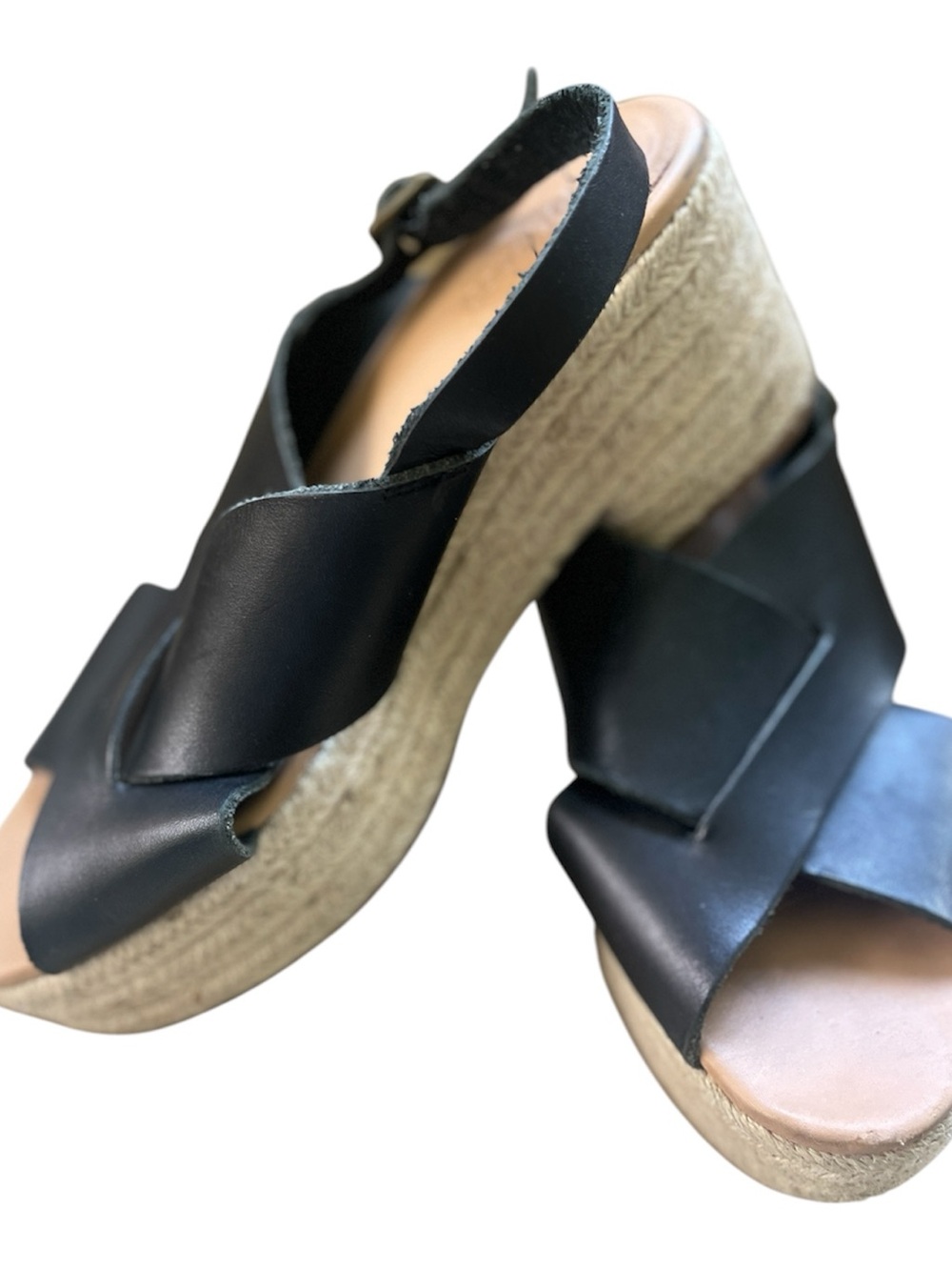 Soludos Black Leather Espadrille Wedge Sandals with Jute Platform